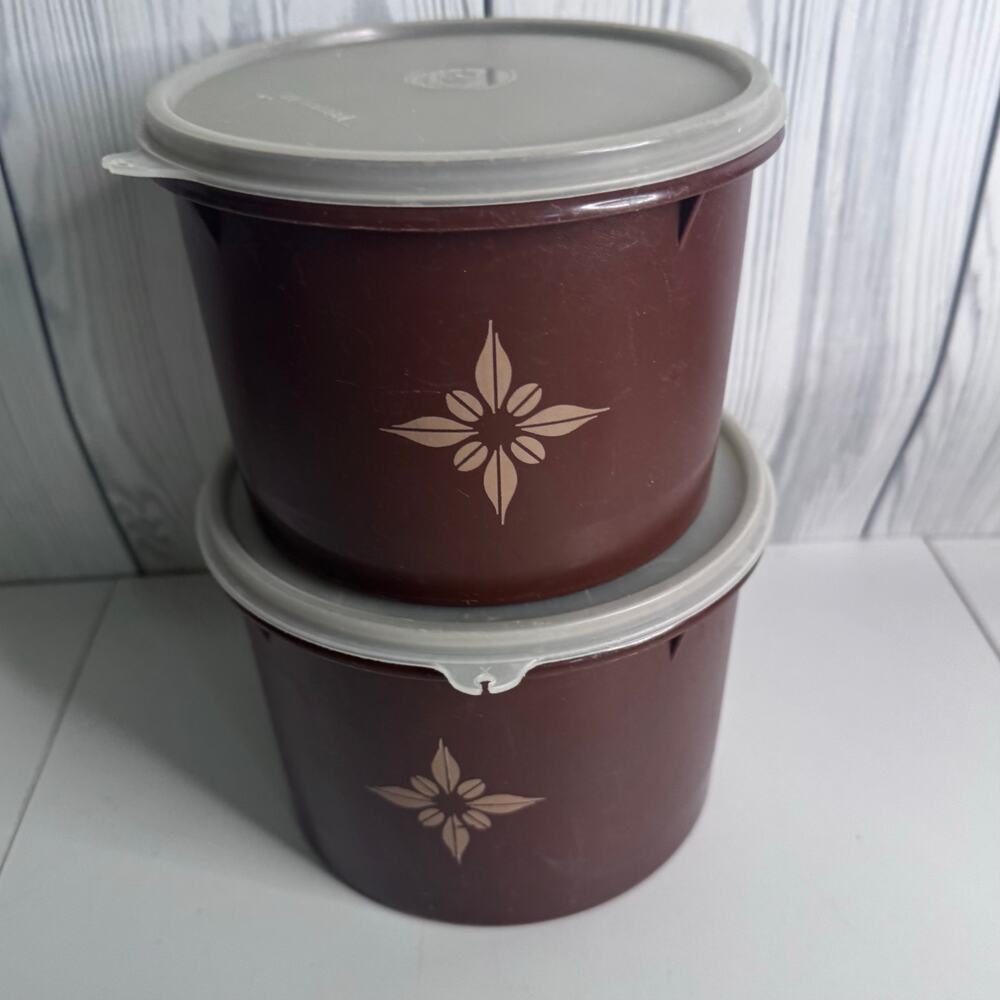 Vintage 1970s  Tupperware Canisters 265 and 264 Brown Starburst Pattern